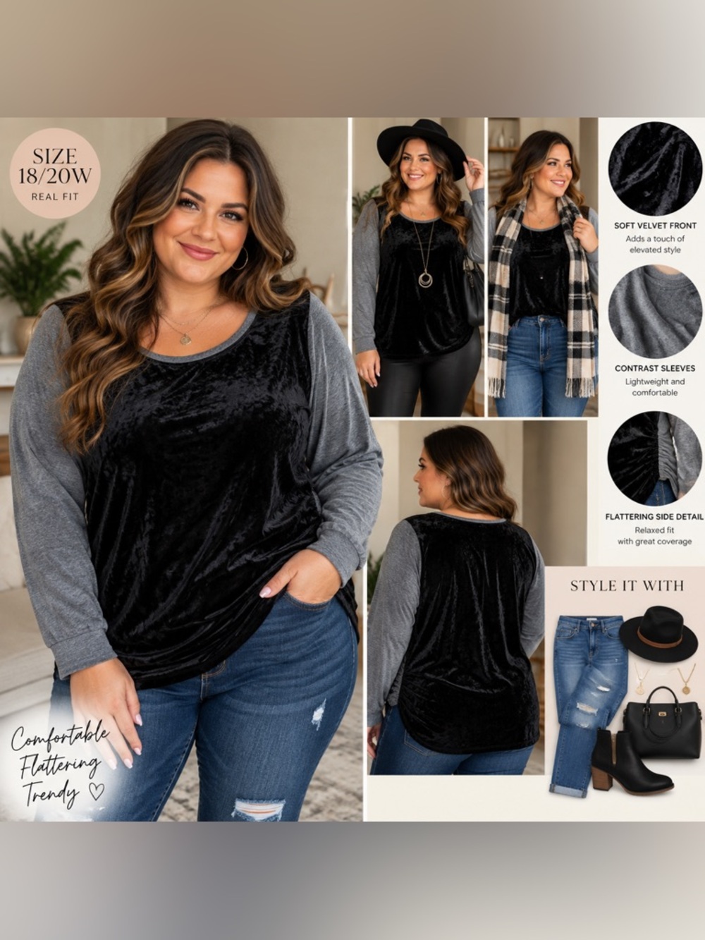 🖤 Cato Woman 18/20W Black Velvet & Gray Sleeve Tunic Top – Trendy
